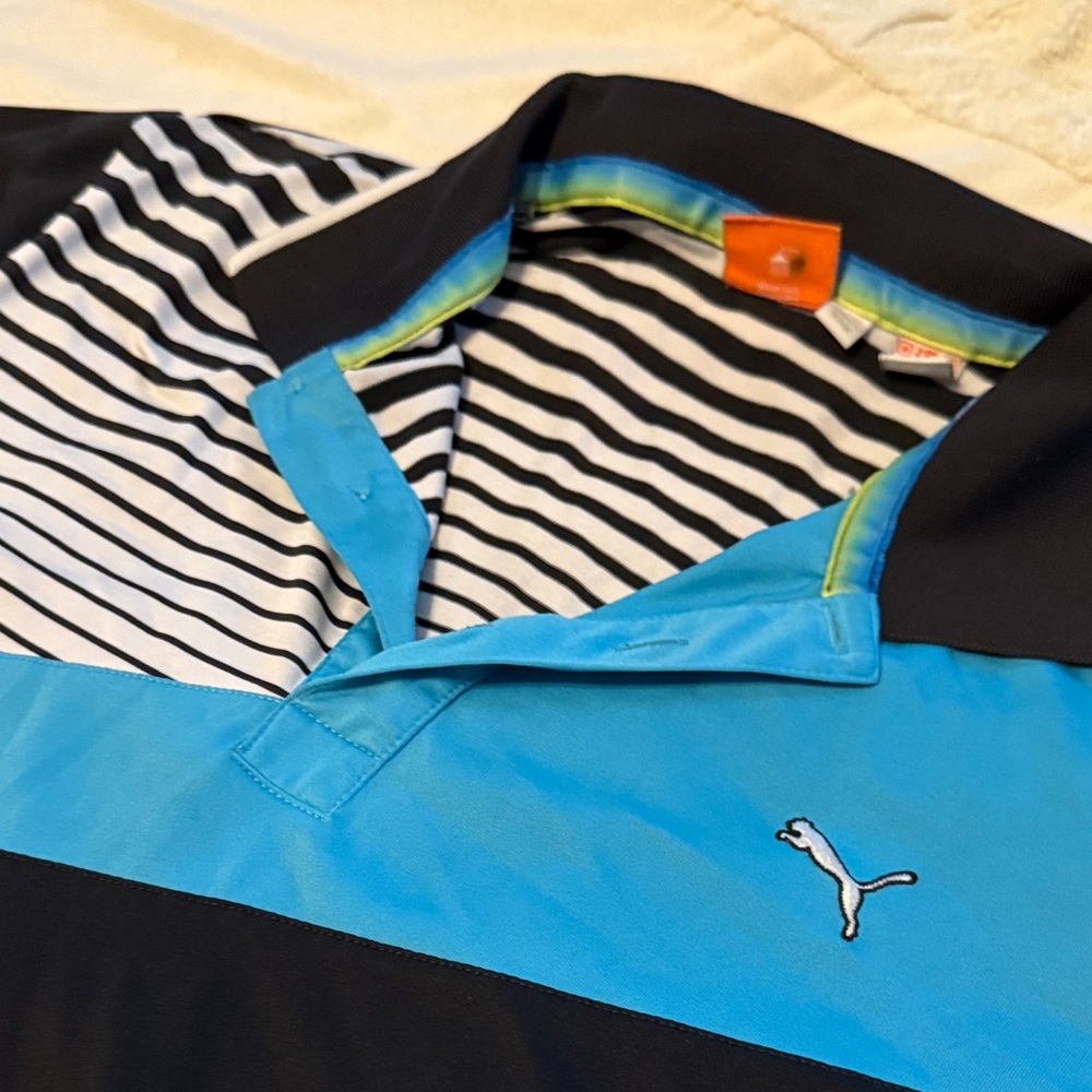 Puma Men's Striped Blue and Black Polo - Picture 3 of 5